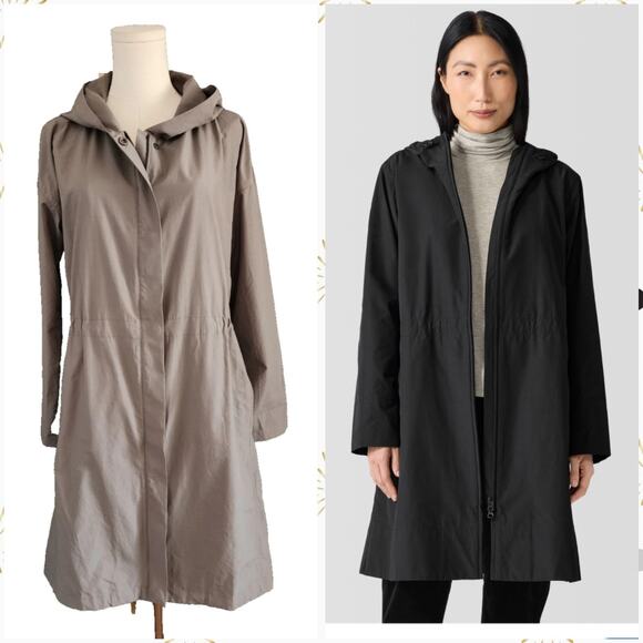 Eileen Fisher Grey Hooded Organic Cotton Recycled Nylon Drawcord Coat Sz Small - Picture 1 of 8